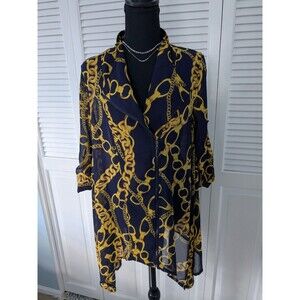 Feratelli Tunic Top Womens S Flowy Navy Status Print Sheer Moto Zip RollTab Glam